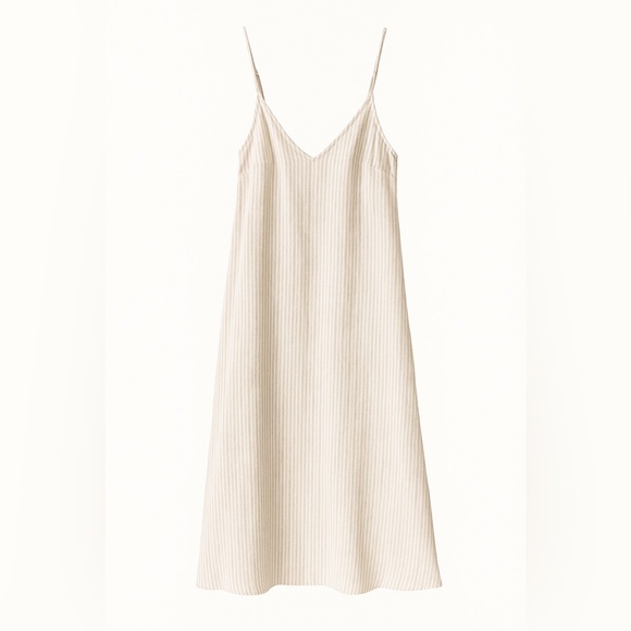 Time and True Tan White Stripped Strap Linen Dress w/ Pockets, Slit Size Medium - Picture 1 of 10